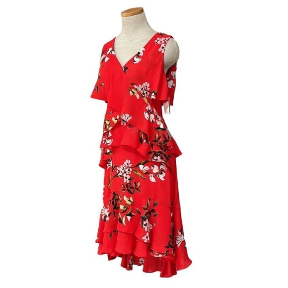 Taylor Midi NWT Dress V Neck Floral Red Ruffles Size 4 - Picture 1 of 16